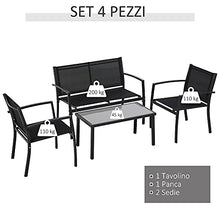 Outsunny Salotto da Esterno, Set 4 Pezzi con 1 Tavolino, 2 Sedie da Giardino e 1 Panca in Metallo, Nero