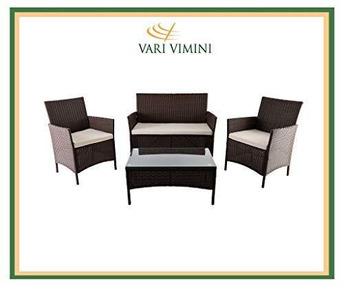 Varì Vimini - Salotto Principe da giardino in Metallo e Polyrattan colore marrone. Composto da divano 2 posti con cuscino, 2 poltrone con cuscini e un tavolino in vetro e polyrattan - Arredi Casa