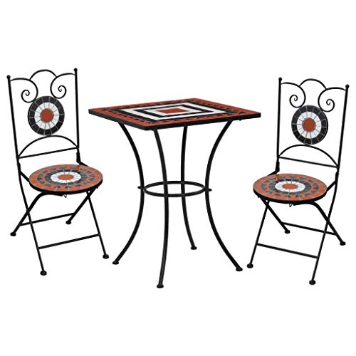 vidaXL Set Bistrò 3 pz con Mosaico Robusto Elegante Tavolo e Sedie per Esterni Arredi Giardino Patio in Ceramica Terracotta e Bianco Telaio in Ferro