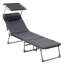 SONGMICS Lettino Prendisole, Sdraio Pieghevole, Materassino di 3 cm, Poggiatesta Parasole Schienale Regolabile, 53 x 193 x 29,5 cm, Max Portata 150 kg, Giardino Balcone Terrazzo, Grigio Scuro GCB19UM