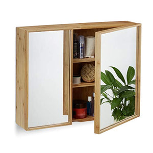 Relaxdays 10021883 Armadietto a Specchio 2 Ante, Pensile a Muro Premontato Mobiletto da Bagno Bambù HxLxP: 50 x 65 x 14 cm Beige