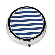 Scatola rotonda per medicina portatile, mini pillole in metallo, dispenser per pillole, borsa da tasca, regalo da viaggio, blu navy e bianco a righe