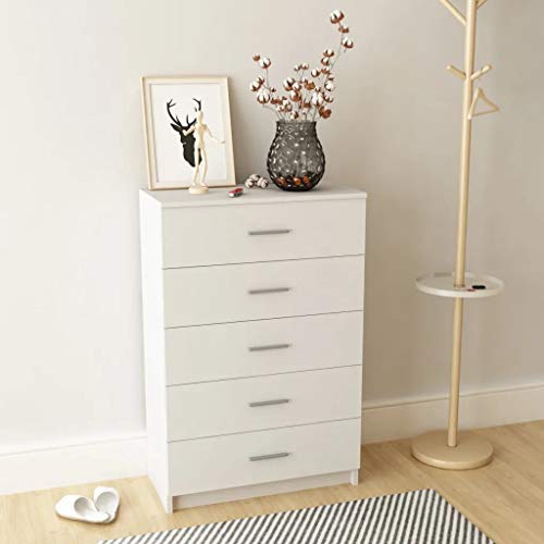 GOTOTOP Credenza in truciolato con 5 cassetti, armadio ausiliario moderno, per corridoio, soggiorno, camera da letto, 71 x 35 x 106 cm, bianco opaco