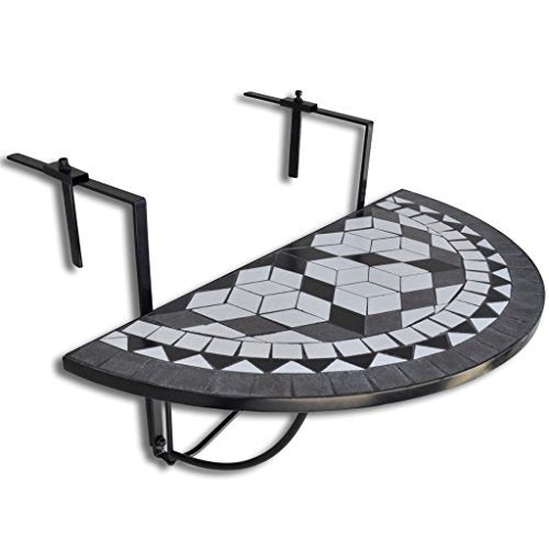 vidaXL Tavolo da Balcone Mosaico Semicircolare Nero Bianco Tavolino Pieghevole