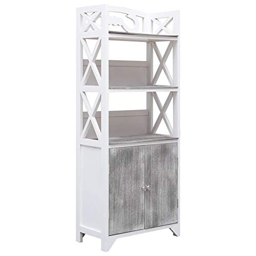 GOTOTOP Mobiletto Alto da Bagno,Armadietto da Terra in Legno per Il Bagno,Armadietto da Pavimento da Bagno,con 3 Scomparti e 2 Ante,in Legno di paulownia e MDF,46 x 24 x 116 cm,Bianco e grigio