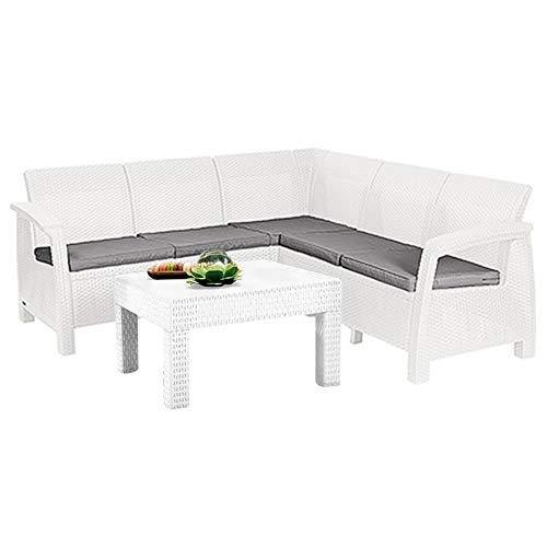 Mediawave Store - Salotto da Giardino in Resina Corfu' Salotto con Divano ad Angolo 6 Posti con Tavolino per Appoggio, Salotto Lounge da Esterno Ideale per Giardino, Terrazza e Bar, Colore Bianco - Arredi Casa
