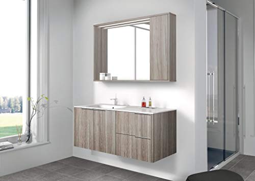 Mobile da bagno acero levigato - rovere scuro c/lavabo e specchio rett., Base con 2 ante e 2 cassetti e top con lavabo integrato