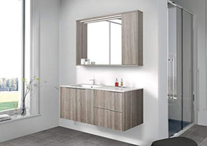 Mobile da bagno acero levigato - rovere scuro c/lavabo e specchio rett., Base con 2 ante e 2 cassetti e top con lavabo integrato