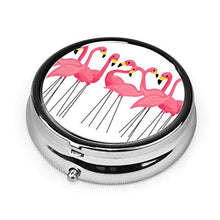 Scatola rotonda per medicina portatile, mini portapillole in metallo, dispenser per pillole tascabili, borsa da viaggio, motivo: fenicotteri rosa cubani