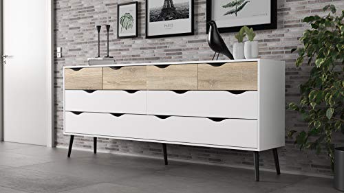 Dmora Cassettiera Doppia a 8 cassetti, Colore Bianco e Rovere, cm 195 x 81 x 39