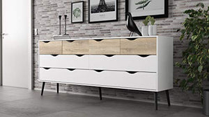 Dmora Cassettiera Doppia a 8 cassetti, Colore Bianco e Rovere, cm 195 x 81 x 39