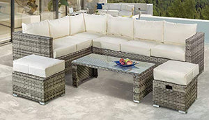 AVANTI TRENDSTORE - Lunata - Set di mobili Lounge da Giardino, Composto da 1 Divano ad Angolo, 2 sgabelli e 1 tavolino, in Rattan Sintetico Grigio e Vetro Trasparente, con i Cuscini Beige Inclusi.