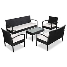 Tidyard 9 PZ Set Divano da Giardino in Mobili Rattan, 2 Divano/1 Poltrone/1 Tavolino con Top in Vetro, Polyrattan, Telaio in Acciaio, Nero e Bianco Crema