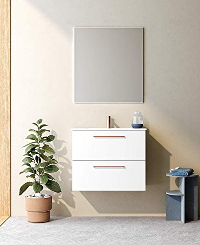 Mobili VARMA 80 cm | Laccato Bianco Opaco | Maniglie in Oro Rosa | 80 x 64 x 46 cm Mobile con 2 cassetti + lavabo in Ceramica