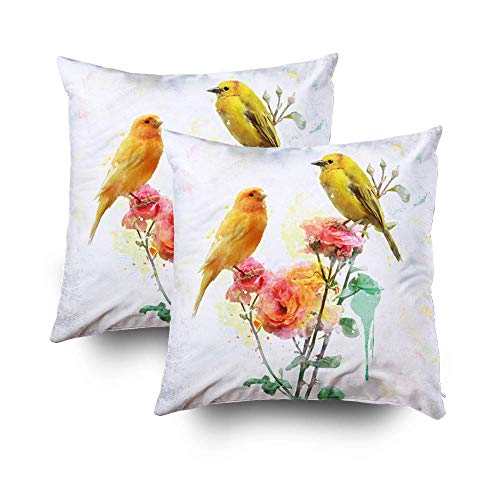 Kris.D Fodere per Federa da tiro quadrate 18X18 Pollici, Pittura Digitale ad Acquerello di Fiori e Uccelli Gialli Stampa su Entrambi i Lati Fodere per Cuscini Cuscino Arredamento Fattoria, Oro Viola