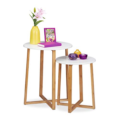 Relaxdays Tavolini da Salotto Rotondi, Set 2 Tavoli, H 48,5 & 60,5 cm, Design Moderno per Soggiorno, Naturale/Bianchi, Pannelli in MDF, bambù