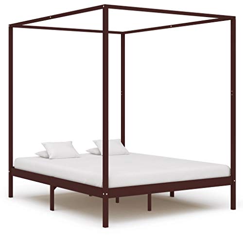 BIGTO - Struttura letto a baldacchino in legno di pino massiccio, per camera da letto, 160 x 200 cm, colore: Marrone scuro
