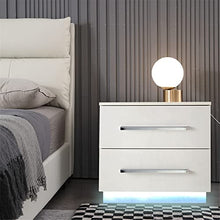 Comodino a LED lucido con 2 cassetti, pannello di truciolato bianco per libri, bicchieri d'acqua e decorazioni