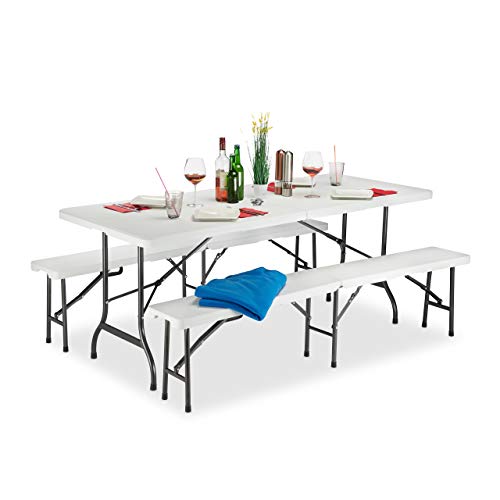 Relaxdays Set Chiosco Tavolo Panche ribaltabili, 3 Pezzi Arredo Giardino, Monocolore, Bianco, H x L x P: 74 x 180 x 74, 5 cm