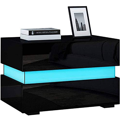 Wakects Comodino, comodino con 2 cassetti e illuminazione a LED, lucido, per soggiorno, camera da letto, corridoio, ufficio (nero)