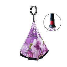 LENNEL - Ombrelli a forma di C con manico giapponese Sakura Blossoms rovesciato pieghevole con strisce riflettenti di sicurezza notturna a doppio strato, design antivento