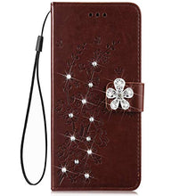 Herbests Cover Case compatibile con Samsung Galaxy M30 Custodia Portafoglio PU Pelle Flip a Libro Coperture Brillantini Bling Bling Diamante Strass Fiori Cover con Supporto, Marrone