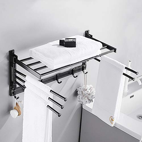 JRMM Porta Asciugamani con Mensola da Bagno, Portasciugamani da Parete con 180° Rotazione Barre Porta Asciugamani, Portasciugamani con 5 Pezzi Ganci,per Bagno,Cucina, Servizi igieniciBlack-40cm