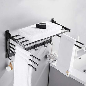 JRMM Porta Asciugamani con Mensola da Bagno, Portasciugamani da Parete con 180° Rotazione Barre Porta Asciugamani, Portasciugamani con 5 Pezzi Ganci,per Bagno,Cucina, Servizi igieniciBlack-40cm
