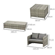 Outsunny Mobili da Giardino in Rattan Salotto da Esterno Set 4 Pezzi con Divano, Tavolino Regolabile e Pouf, Grigio