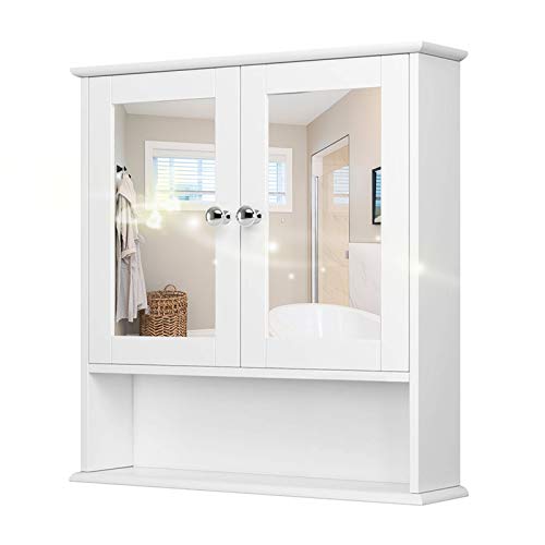 YJIIJY Mobile da Bagno Sospeso con Specchio in Vetro Temperato, Armadietto con Due Porte e Mensola, Armadietto dei Medicinali, Mobiletto Bagno Cucina in MDF