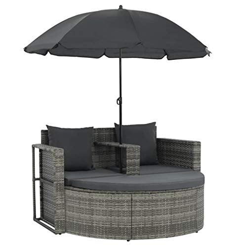 Tidyard Set Divano da Giardino con Parasole, Set Divano Esterno in Polyrattan Grigio