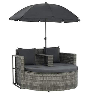 Tidyard Set Divano da Giardino con Parasole, Set Divano Esterno in Polyrattan Grigio