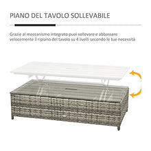 Outsunny Mobili da Giardino in Rattan Salotto da Esterno Set 4 Pezzi con Divano, Tavolino Regolabile e Pouf, Grigio