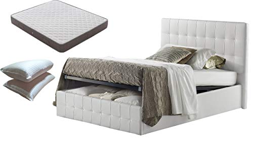 SARDAMATERASSI-Letto piazza e mezza con Box Contenitore bianco + Materasso piazza e mezza altezza 20 cm+ guanciale memory saponetta sfoderabile