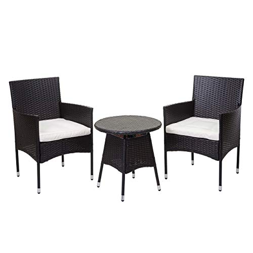 Mendler Salottino polyrattan HWC-G27 tavolino con 2X poltrone Marrone Cuscini Avorio