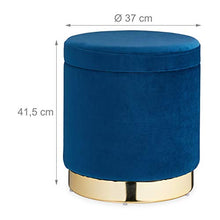Relaxdays Sgabello in Velluto, Rotondo, Elegante Poggiapiedi Imbottito, Base Dorata, Pouf Moderno, H x D: 41,5 x 37, Blu, Cartone, gommapiuma, 1 pz