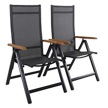 Strandgut07 - Set di 2 sedie pieghevoli in alluminio, con schienale alto, 4 x 4 cm, braccioli in legno di acacia, colore: Nero
