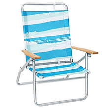 SONGMICS Sedia da Spiaggia Portatile con Schienale Alto e Reclinabile in 3 Posizioni, Spiaggina Pieghevole con Braccioli in Legno, Portata 150 kg, Strisce Blu Verdi e Bianche GCB66UW
