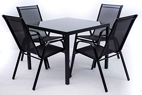 AVANTI TRENDSTORE - Badia - Set da Giardino Composto da 1 Tavolo in Metallo e Vetro, con 4 sedie impilabili in Metallo e Rete di plastica Sintetica (Tavolo in Vetro)