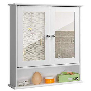 BAKAJI Mobiletto Specchiera Bagno Armadietto a Muro 3 Ripiani in Legno MDF Doppia Anta a Specchio con Apertura Centrale Dimensione 56 x 13 x 58 cm (Bianco Specchio)