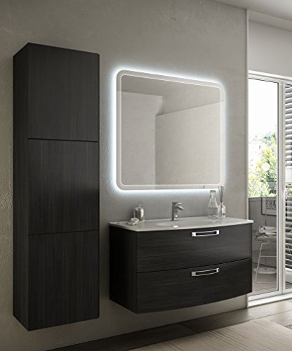 Mobile bagno sospeso moderno Comfort grigio, misura cm 100, con specchio led, lavabo e colonna