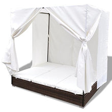 Festnight Lettino Prendisole Letto Matrimoniale Prendisole Reclinabile a Baldacchino con Tende in Polirattan Marrone/Nero da Mare/Picsina/Giardino/Patio per Esterni 197 x 140 x 180 cm