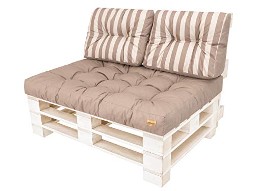 Cuscini per pallet, cuscini per pallet, cuscini da giardino (cuscino da 120 x 80 cm + schienale 2 x 60 x 40), beige con strisce