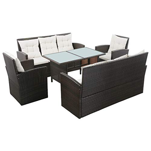 Festnight Set Divani da Giardino Esterni in Polyrattan Nero/Marrone e Bianco Crema con Tavolo Rettangolare,2 Divani 3 Posti+2 Poltrone+Tavolo Rettangoalre,Set da Giardino Tavolo e Sedie in Rattan