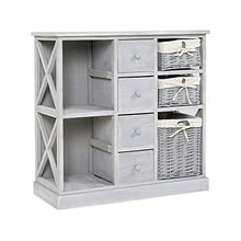Rebecca Mobili Credenza cucina, cassettiera bagno legno e vimini, 4 cassetti 3 ceste, grigio, shabby country - Misure: 69 x 69 x 30 cm (HxLxP) - Art. RE4016