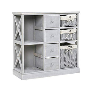 Rebecca Mobili Credenza cucina, cassettiera bagno legno e vimini, 4 cassetti 3 ceste, grigio, shabby country - Misure: 69 x 69 x 30 cm (HxLxP) - Art. RE4016