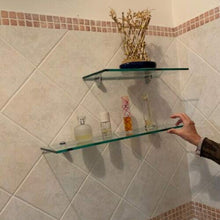 Mensola in vetro temperato lucido trasparente da bagno con fissaggi cromo (50X18X0,8)