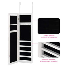 COSTWAY Armadietto per Gioielli con Specchio a Parete e Porta con Luce a LED, Portagioielli da Parete, 106 x 30 x 8,5 cm, Bianco