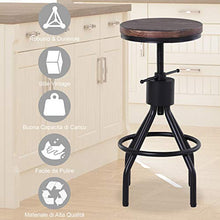 homcom Sgabello Stile Industriale per Cucina/Bar in Metallo, Seduta Legno di Pino con Altezza Regolabile, 40x40x59-77cm