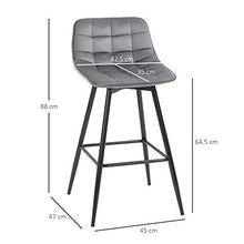 homcom Set 2 Sgabelli da Bar Sedie Imbottite per Salotto Stile Nordico, Rivestimento Velluto e Poggiapiedi, Grigio, 45x47x88cm
